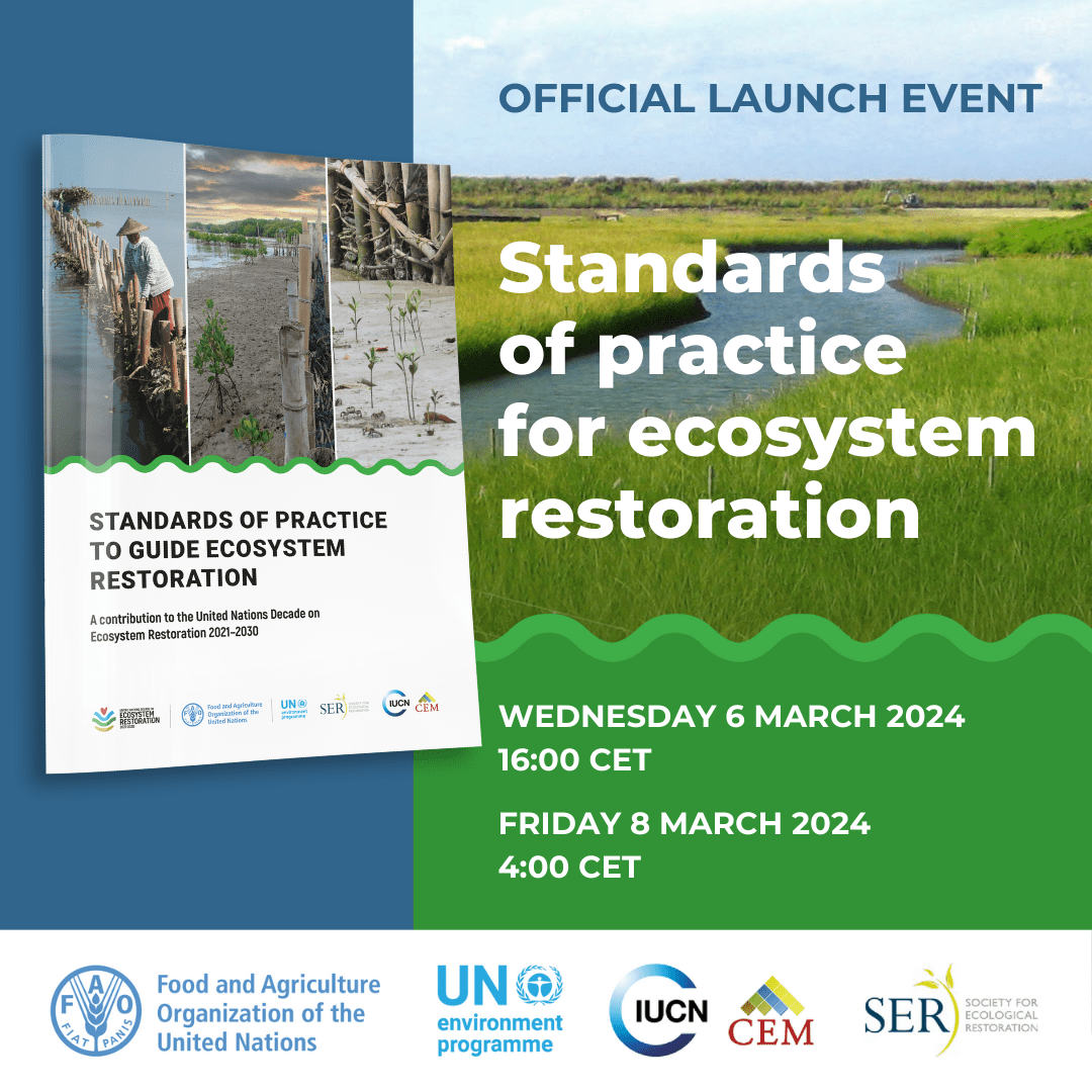 Join @FAO @IUCN_CEM and @SERestoration for an official launch event! Standards of Practice to Guide Ecosystem Restoration 🗓️ Weds 6 March 2024 16:00 CET or 🗓️ Fri 8 March 2024 04:00 CET Register now 👉 fao.org/in-action/fore… #GenerationRestoration @UNEP