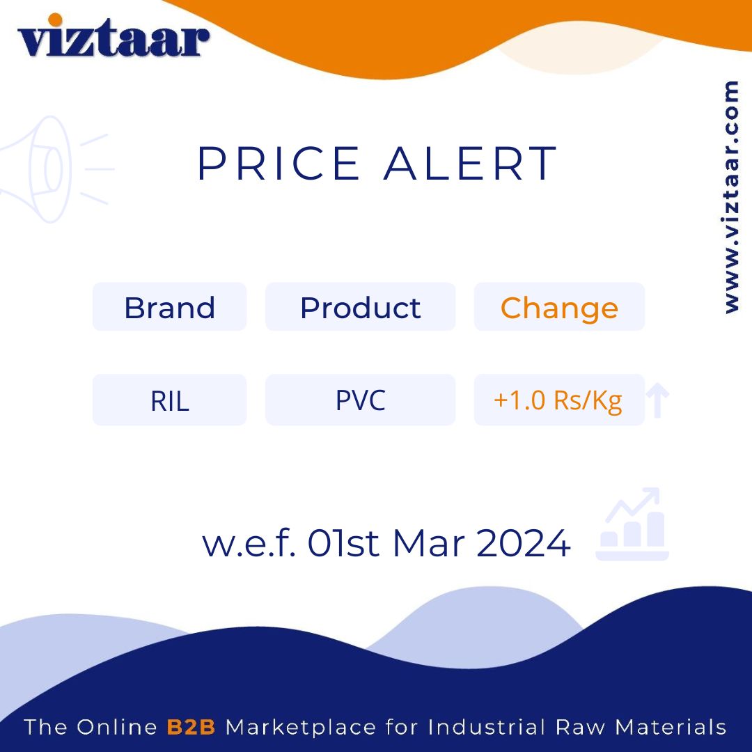 Reliance PVC prices increased by Rs. 1.00/Kg  w.e.f.  1st of March, 2024

.

#BusinessNews #MarketAnalysis #EconomicShift
#IndustryInsights #CorporateMoves #BusinessStrategy #MarketWatchdog #ViztaarMarketplace #ViztaarPriceAlerts #PVCPriceAlert #RelianceIndustries