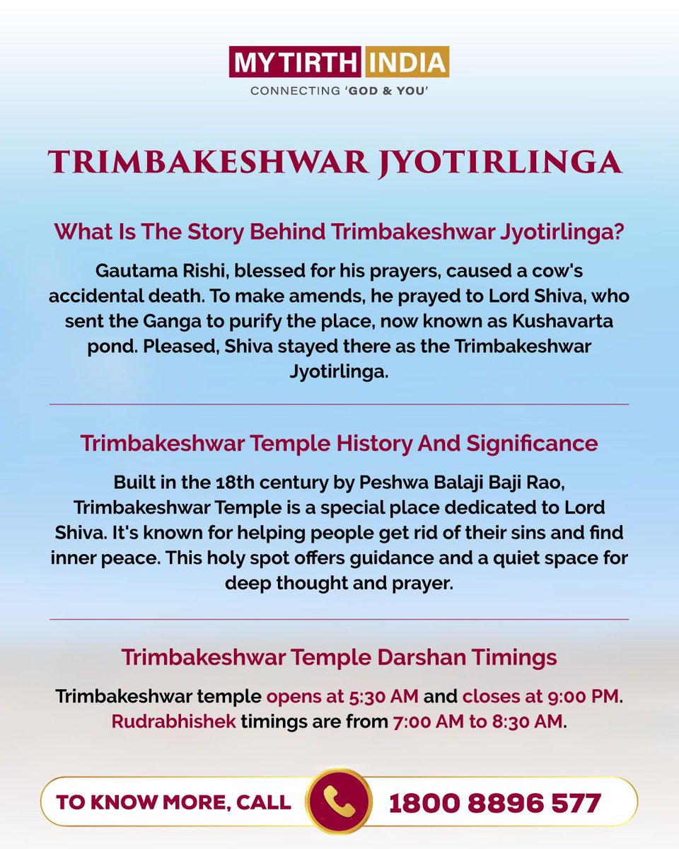 Visit Trimbakeshwar Jyotirlinga for a spiritual journey. Experience peace with Rudrabhishek from 5:30 AM to 9:00 PM.

Discover more: Call 1800 8896 577.
.
#Trimbakeshwar #LordShiva #SpiritualJourney #Rudrabhishek #SacredPilgrimage #MyTirthIndia