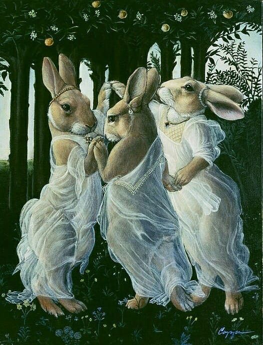 Leap Year, Lady's Day & Rabbit, Rabbit, White Rabbit!
Friday, when first you wake, say rabbit, rabbit, white rabbit, for good luck.
Rabbit Dancing Graces Artist - Melinda Cooper #rabbitrabbit #whiterabbit