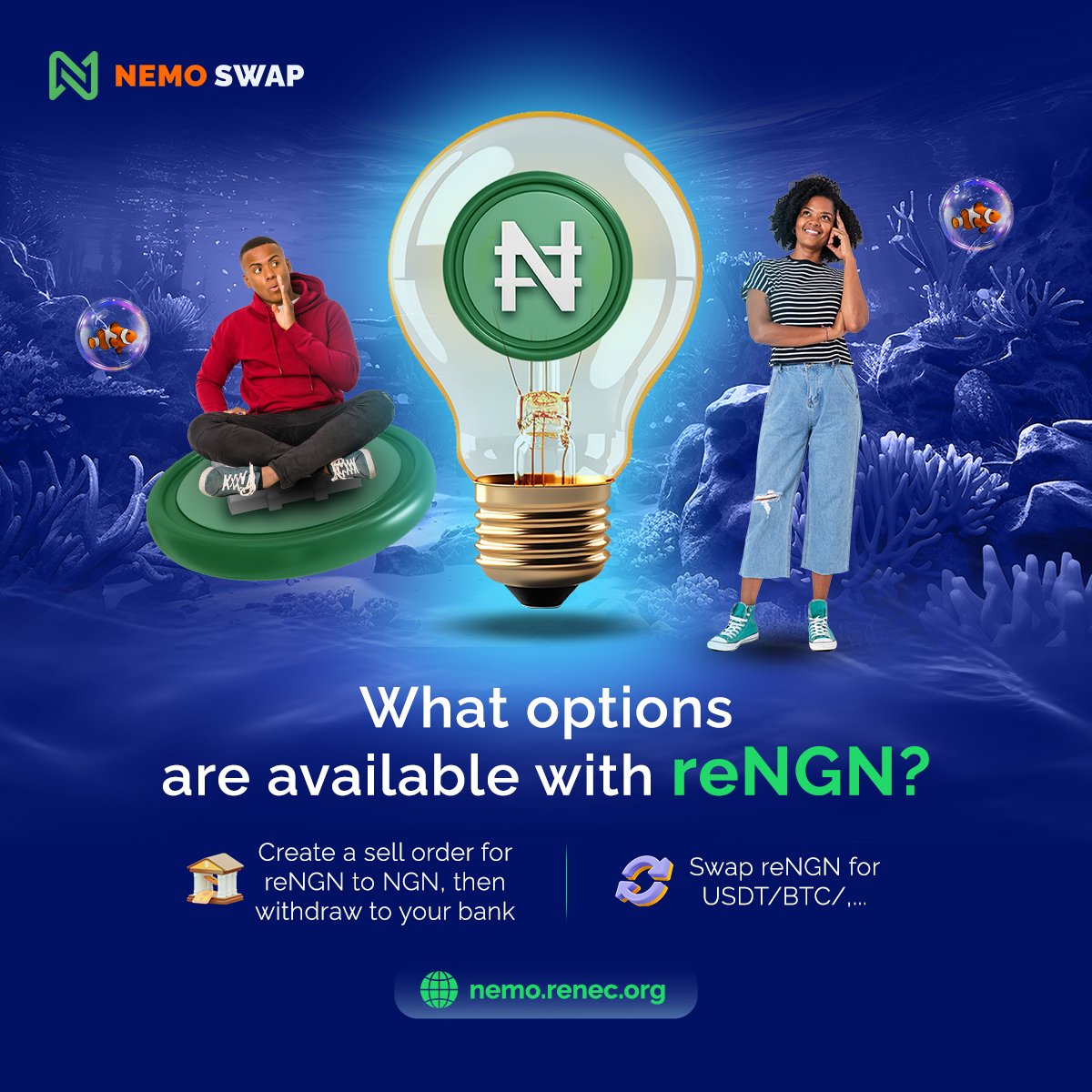 Unlock the potential with reNGN! 💫 💵 Convert reNGN to NGN (₦) and withdraw directly to your bank account. 🔄Swap reNGN for USDT/BTC/... and more. Check out ↪ our latest blog renec.org/blog/nemoswap-… for all the details. Bid farewell to convoluted paths through centralized…