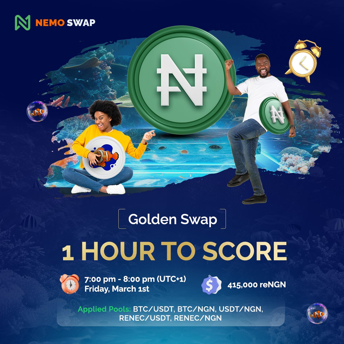 🕒 The Golden Swap Event is live! 1-hour countdown begins now. 🔄 Pick a pool: BTC/USDT, BTC/NGN, USDT/NGN, RENEC/USDT, RENEC/NGN => Swap starting from $2 or more 🆔 Wallets with KYC + High Volume => Greater Rewards! 💰 Sharing 415,000 reNGN - Distributed automatically to all…