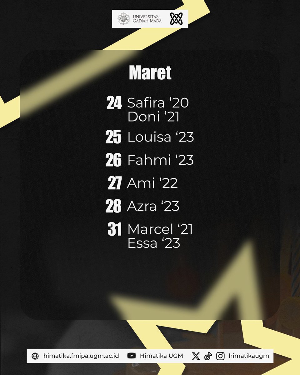 [WARTA ULTAH MARET]

Mintika punya sesuatu nih untuk mengawali bulan Maret, kira-kira apa nih?

✨ Wartah Ultah Maret ✨

Selamat ulang tahun untuk Sobatika yang lahir di bulan Maret. Semoga panjang umur dan sehat selalu yah🥳🎊

Departemen Lemma
Kabinet Sphera
Himatika UGM