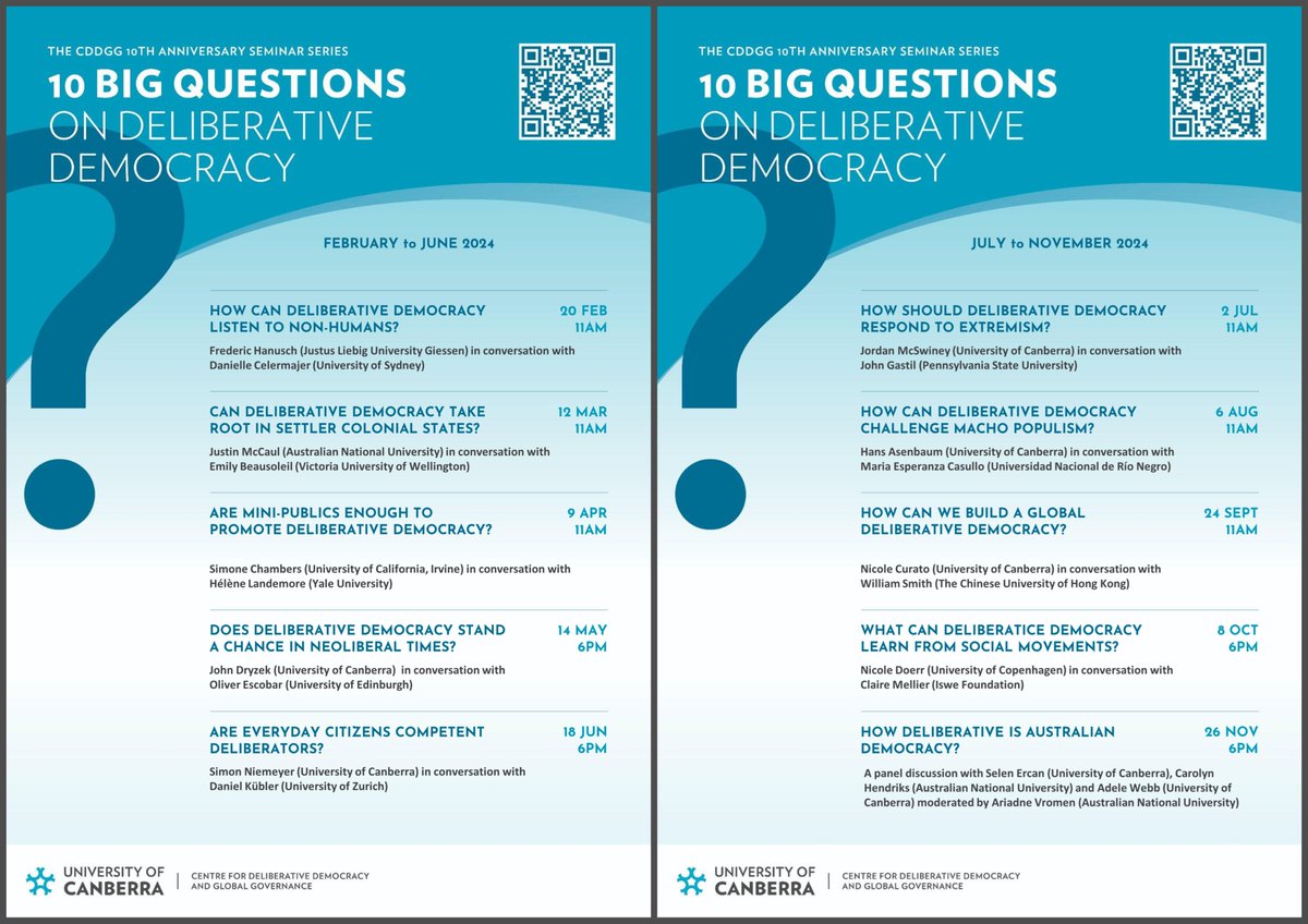 Delighted to be convening our '10 Big Questions' public conversation series, to mark @DelDemUCan's 10th anniversary year. Monthly one-hour conversations on 🔥topics. Events online, open to all, registration required. Spread the word. More info here: delibdem.org/the-cddgg-10th…