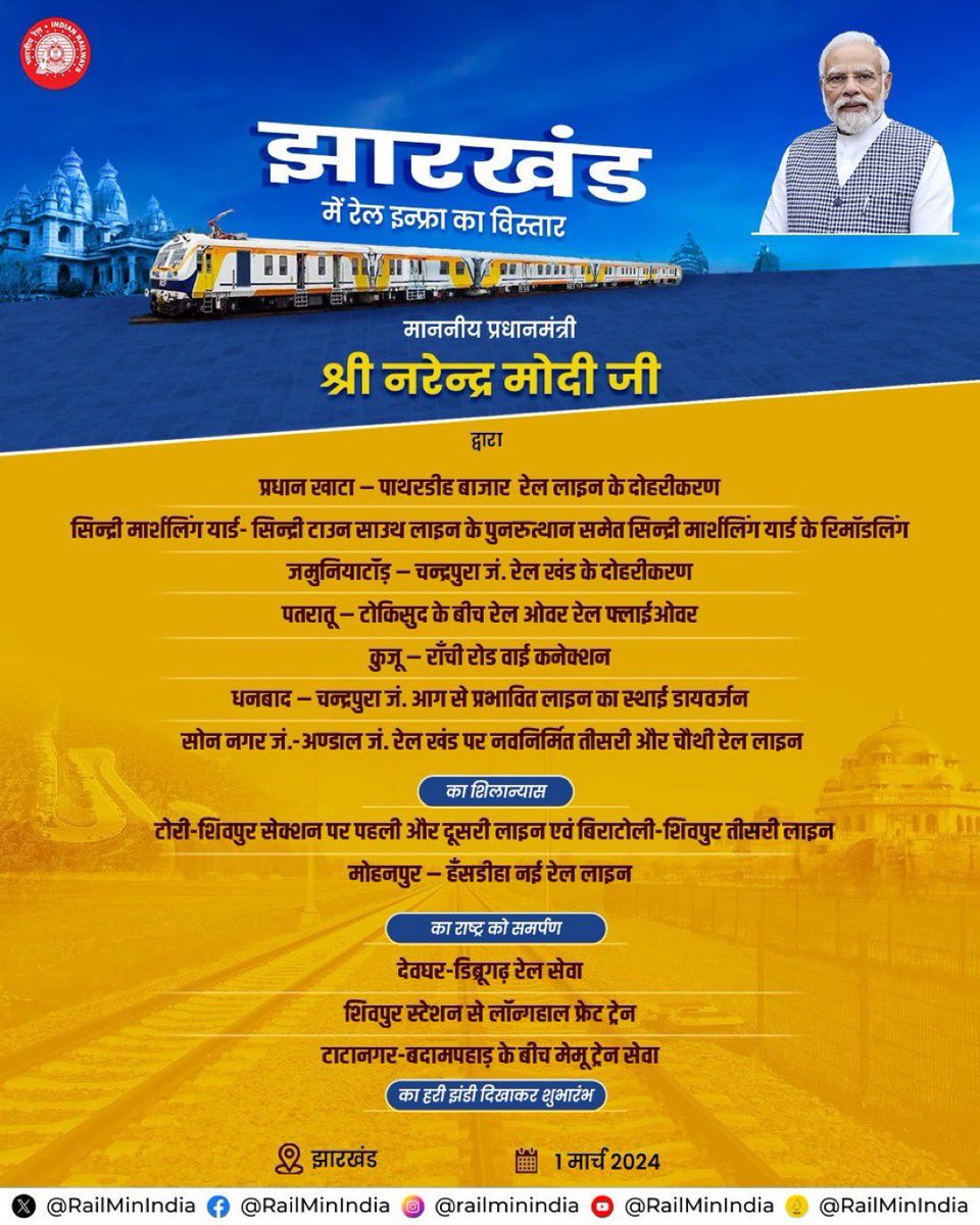 माननीय प्रधानमंत्री श्री @narendramodi जी द्वारा आज झारखंड में विभिन्न रेल परियोजनाओं का शिलान्यास और राष्ट्र को समर्पण किया जाएगा। साथ ही रेल सेवाओं का हरी झंडी दिखाकर शुभारंभ किया जाएगा। #RailInfra4Jharkhand