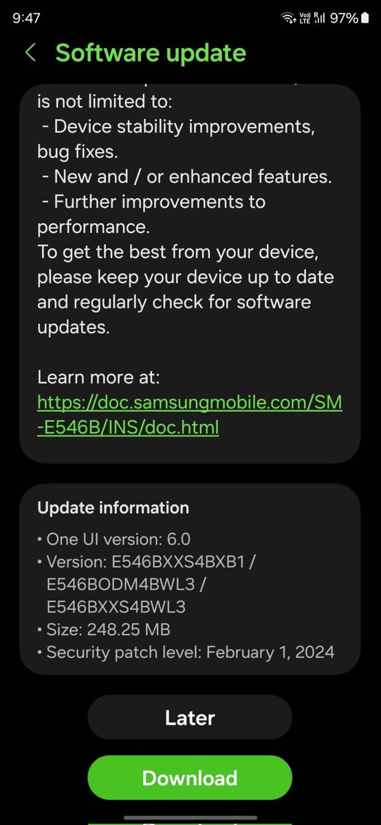 Galaxy F54 | February's update released in INDIA 🇮🇳 

Build Version: E546BXXS4BXB1/ E546BODM4BWL3/ E546BXXS4BWL3 

#Samsung
#OneUI6 
#GalaxyF
#GalaxyF54
#OneUI 
#OneUI6dot1