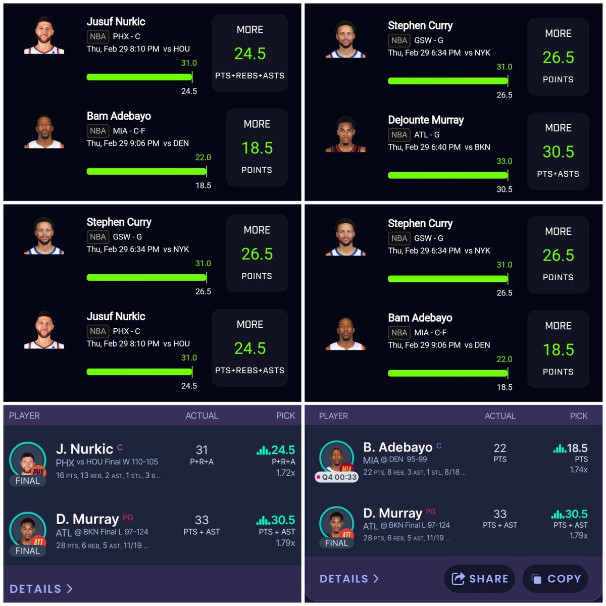 Matthewp07's tweet image. $50 to someone who LIKES+RT'S this

CLEAN SWEEP 🧹🧹🧹 +𝟭𝟮.𝟭𝟴𝗨 𝗗𝗔𝗬
𝗙𝗥𝗘𝗘 TRIAL to join the Dubclub ⬇️
dubclub.win/r/p/pri-juu79/…

Stephen Curry O26.5 points ✅
Dejounte Murray O30.5 pts+asts ✅
Jusuf Nurkic O24.5 PRA ✅
Bam Adebayo O18.5 points ✅

Show me those winning