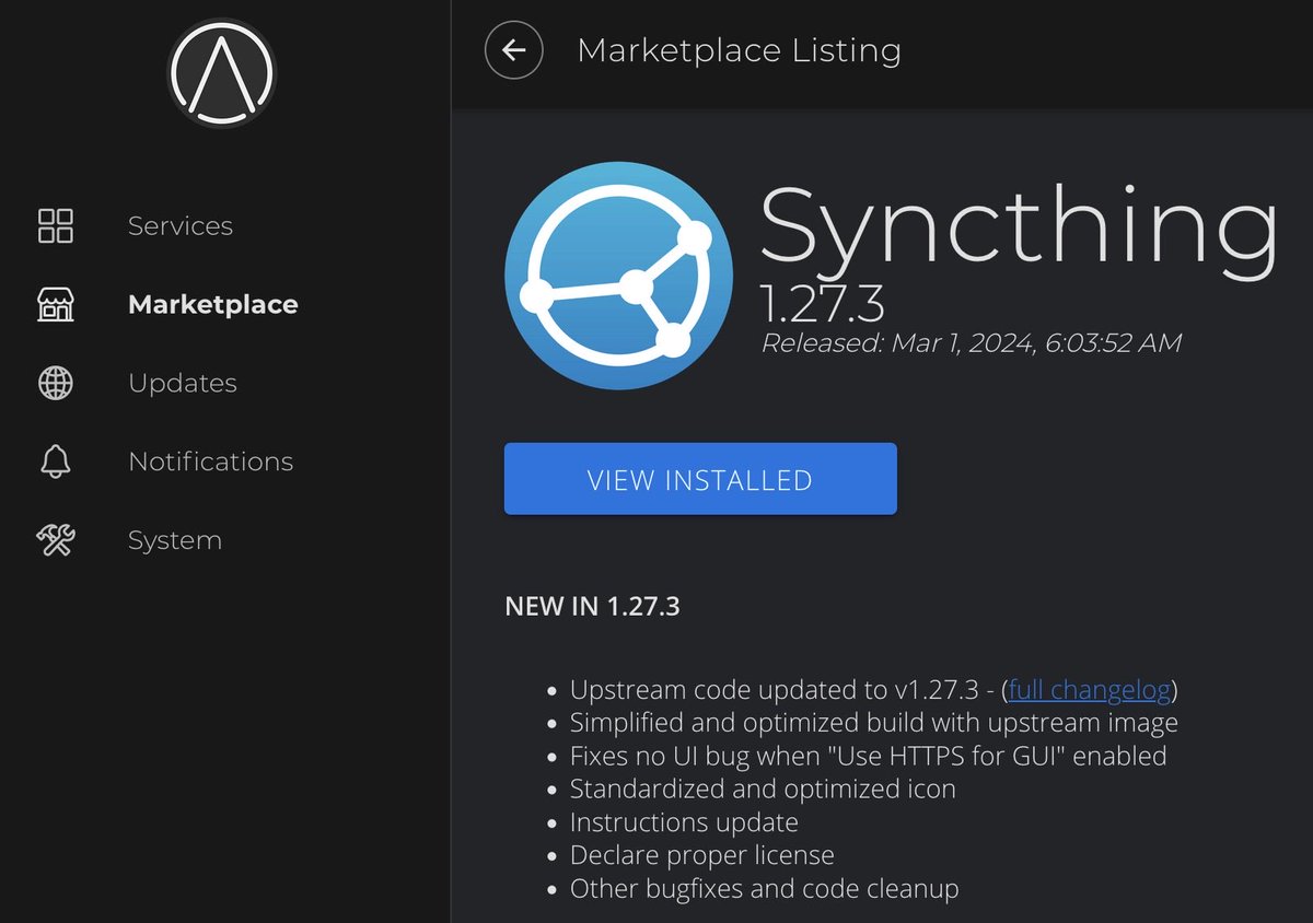 K0gen's tweet photo. 🎉 Exciting news! Syncthing 1.27.3 has just been released to the Start9 Community Registry! 🚀 Now you can enjoy seamless, secure, and private file synchronization across your devices. Update now and let’s sync the future together! #Syncthing #Update on @start9labs #StartOS https://t.co/SlkXw3L4lj