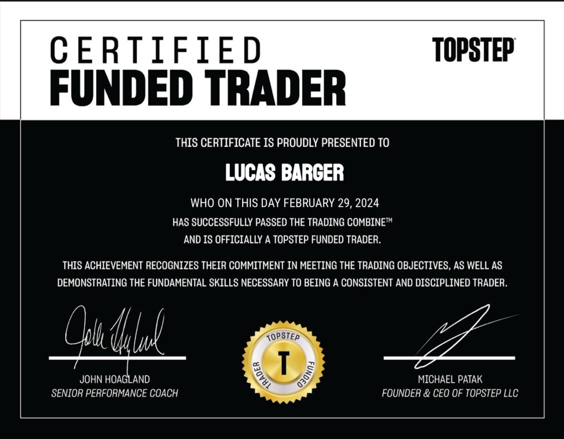 barger_lucas's tweet photo. I’m happy to share that I’ve obtained a new certification: Topstep Funded Trader from Topstep! @Topstep 

#TopstepFundedTrader https://t.co/1nrKKcmTJF