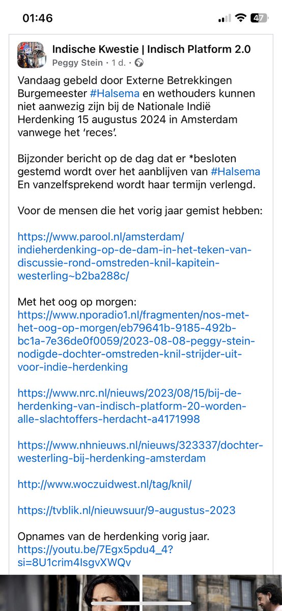 Op de dag van stemming over het aanblijven van #Halsema als burgemeester van #Amsterdam wordt het Indisch Platform gebeld dat burgemeester Halsema en wethouders niet aanwezig kunnen zijn bij de Nationale Indië herdenking op 15 augustus 2024 in Amsterdam vanwege het reces.