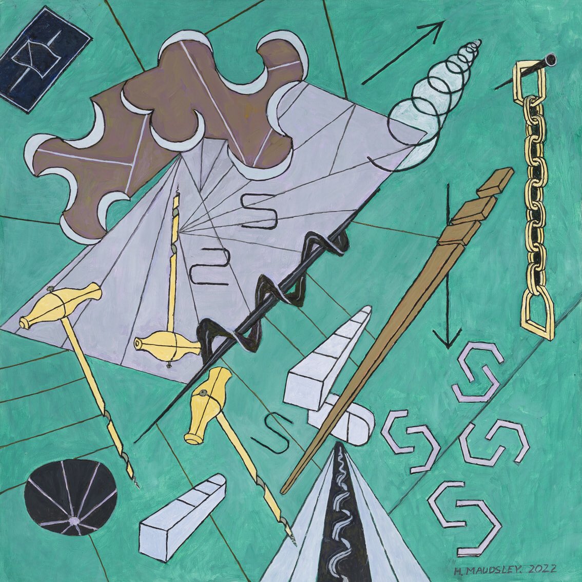 Central to ‘Conversation in space’ at Deakin Art Gallery are recent paintings by one of Melbourne’s most senior &amp; much-loved artists, Helen Maudsley. Pictured: ‘The Coil, the Screws, the Rectangle, and the Chain that Hangs Colours and Tones, not mixed, but Calling to Each Other.’