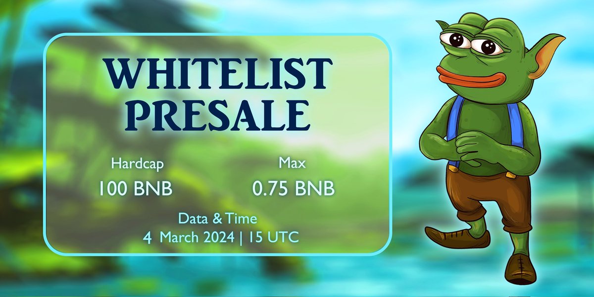 100 BNB Hardcap 0.75 Max 

Presale Link: 
pinksale.finance/launchpad/0xF8…

Whitelist Giveaway:
sweepwidget.com/c/78240-pmfj8o…

#pepe #pepecoin #PepeCommunity #gege #100X #1000X #gem #bsc #whitelist #WL #100xGem #binance #Presale