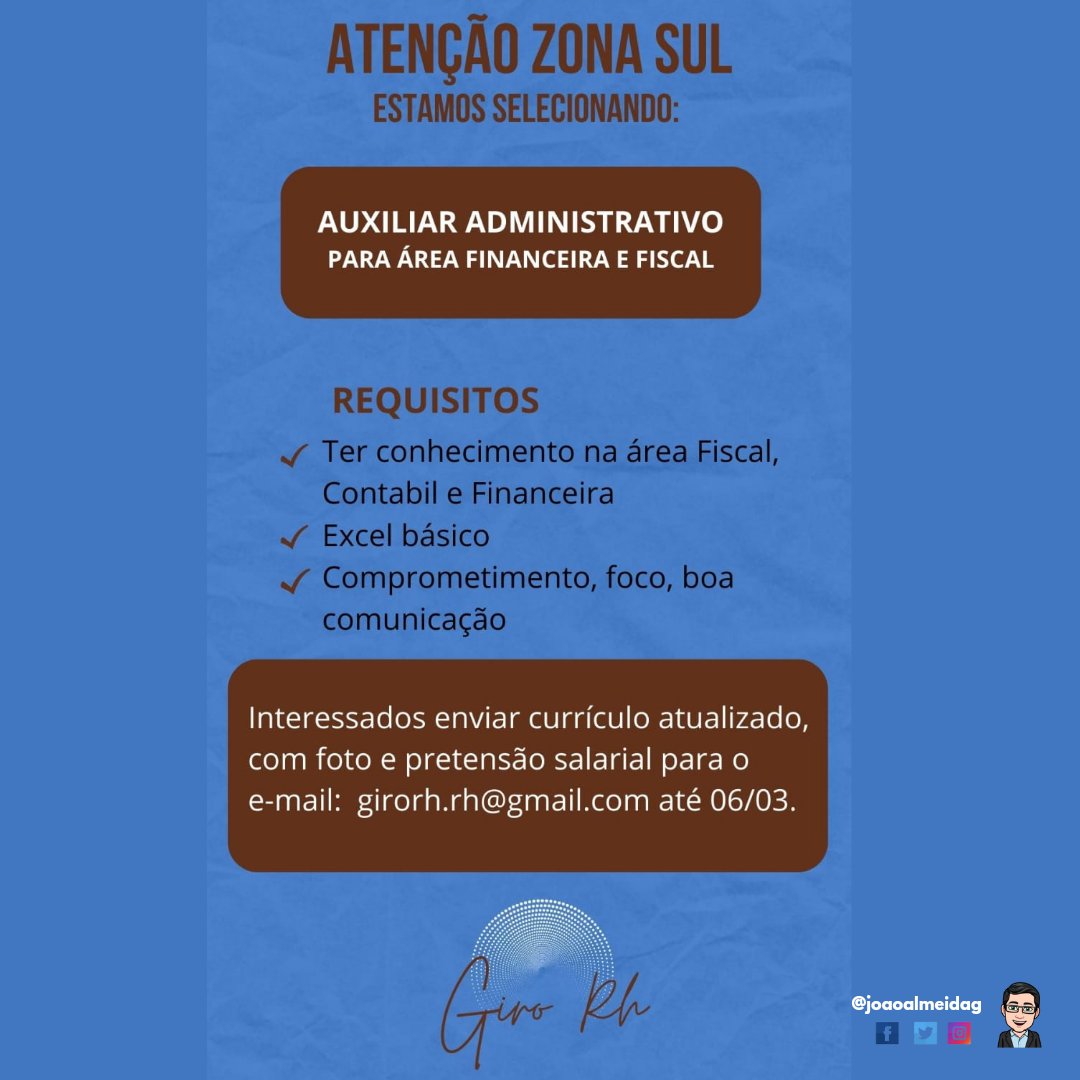 Joaoalmeidag's tweet image. UTILIDADE PÚBLICA
VAGA AUXILIAR ADMINISTRATIVO
📍LOCAL: ZAONA SUL - PORTO ALEGRE 
Maiores informações no card👇🏼👇🏼👇🏼

Boa sorte🍀
@joaoalmeidag