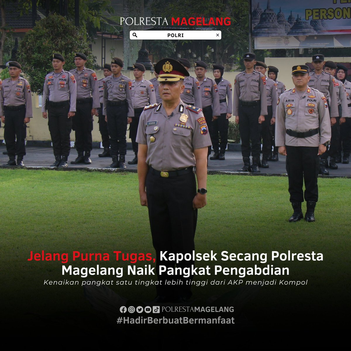 Kapolsek Secang Polresta Magelang menerima kenaikan pangkat satu tingkat lebih tinggi dari Ajun Komisaris Polisi (AKP) menjadi Kompol (Komisaris Polisi).

#infojawatengah #BeritaUpdate #PolriPresisi #Magelangraya #Magelang