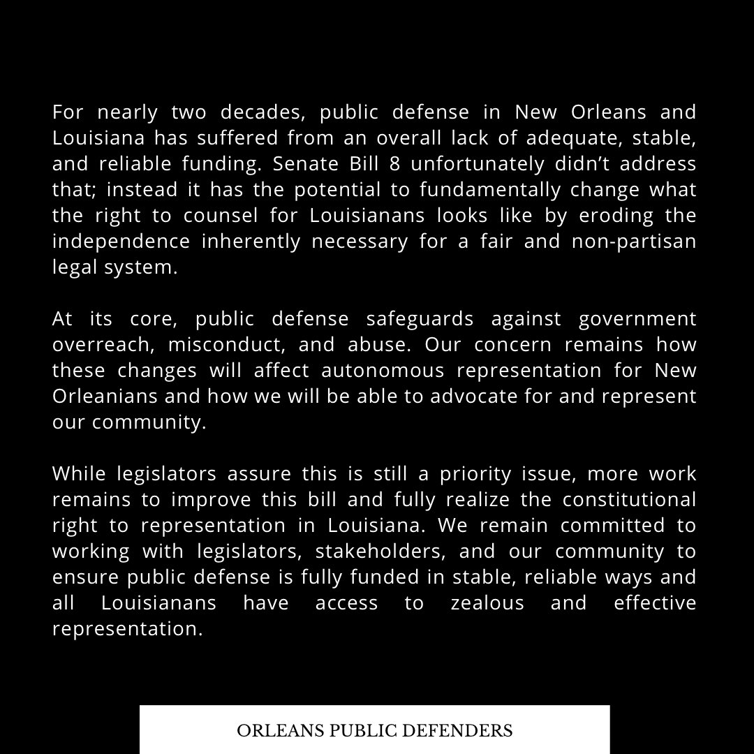 Our statement on the passing of SB8 and its potential to radically alter the public defender system in Louisiana.