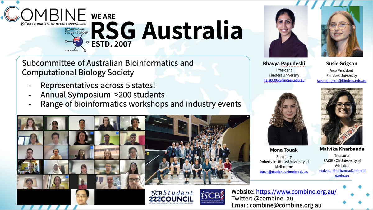 As the Australian Regional Student Group, COMBINE attended the recent RSG Global Meeting @iscbsc 🧬🌏 It was very exciting to meet other like-minded students from all over the globe, and fantastic to take the opportunity to present our Society and plans for 2024!