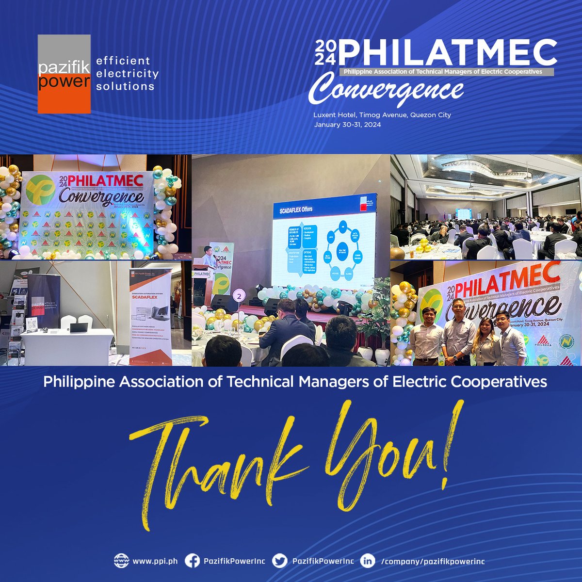 PazifikPowerInc's tweet image. #ICYM: PPI Pazifik presented its advanced SCADAFlex Solutions at the 2024 Philippine Association of Technical Managers of Electric Cooperatives (PHILATMEC) Convergence held in Luxent Hotel, Quezon City.
#PoweringtheWayForward #PPIPazifikPowerInc #PHILATMEC2024  ⚡