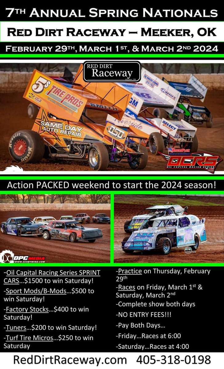 🔥Spring Nationals at @RedDirtRaceway with the @OCRS_Racing Sprint Cars happens THIS WEEKEND! Races start at 6:00 on Friday and 4:00 on Saturday😎