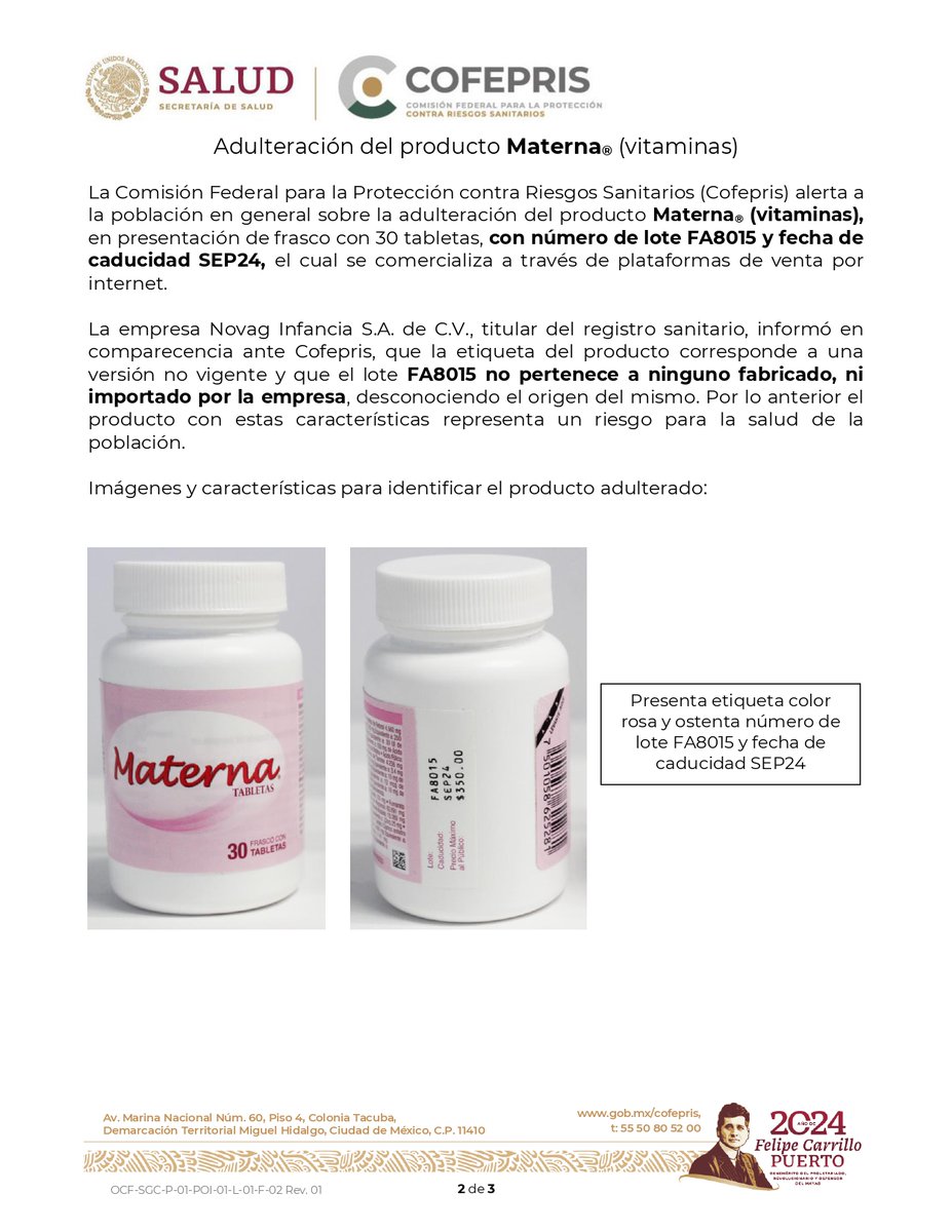 Coeprist's tweet photo. #AlertaSanitaria sobre la adulteración del producto Materna® (vitaminas).
#Coeprist #Tlaxcala https://t.co/vSSs5cLL6g