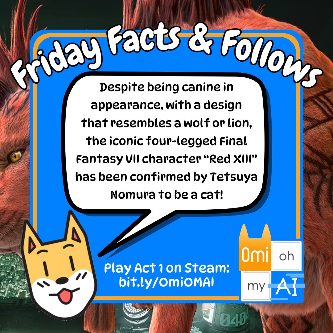 Happy Final Fantasy VII Rebirth day! 😍 Did you know this about Red XIII?

Love animals? Go follow these games:
<a href="/d_dmeow/">DDmeow 🐶 Cyber Paradise🎮 @ddmeow.bsky.social</a>
<a href="/MonsterShopAU/">Monster Shop Games - Pie in the Sky - Coming Soon!</a>
<a href="/noobzilla_team/">Cats & Seek 😻🔍 Wishlist on Steam</a>
<a href="/AuroraArtsGames/">Fae & fauna 🦝</a>
<a href="/DoggyDontCare/">Doggy Don't Care 🐶🧦✨ 🔜 PAX Aus</a>
<a href="/GameCopycat/">Copycat // OUT NOW 😻</a>
<a href="/twolivesgames/">Two Lives Left | Punchimals - DEMO ON STEAM!</a>

#FinalFantasy #FinalFantasy7Rebirth
#Indiegame #IndieGameDev