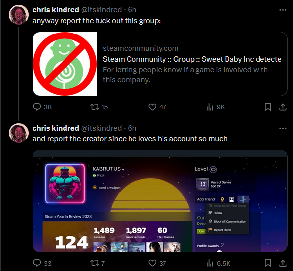 Somebody created a steam curator page that basically indicates in which games Sweet Baby Inc (the company behind most of the woke cancer in video games) was involved 

A writer and designer working at Sweet Baby is asking people to report the group to censor them