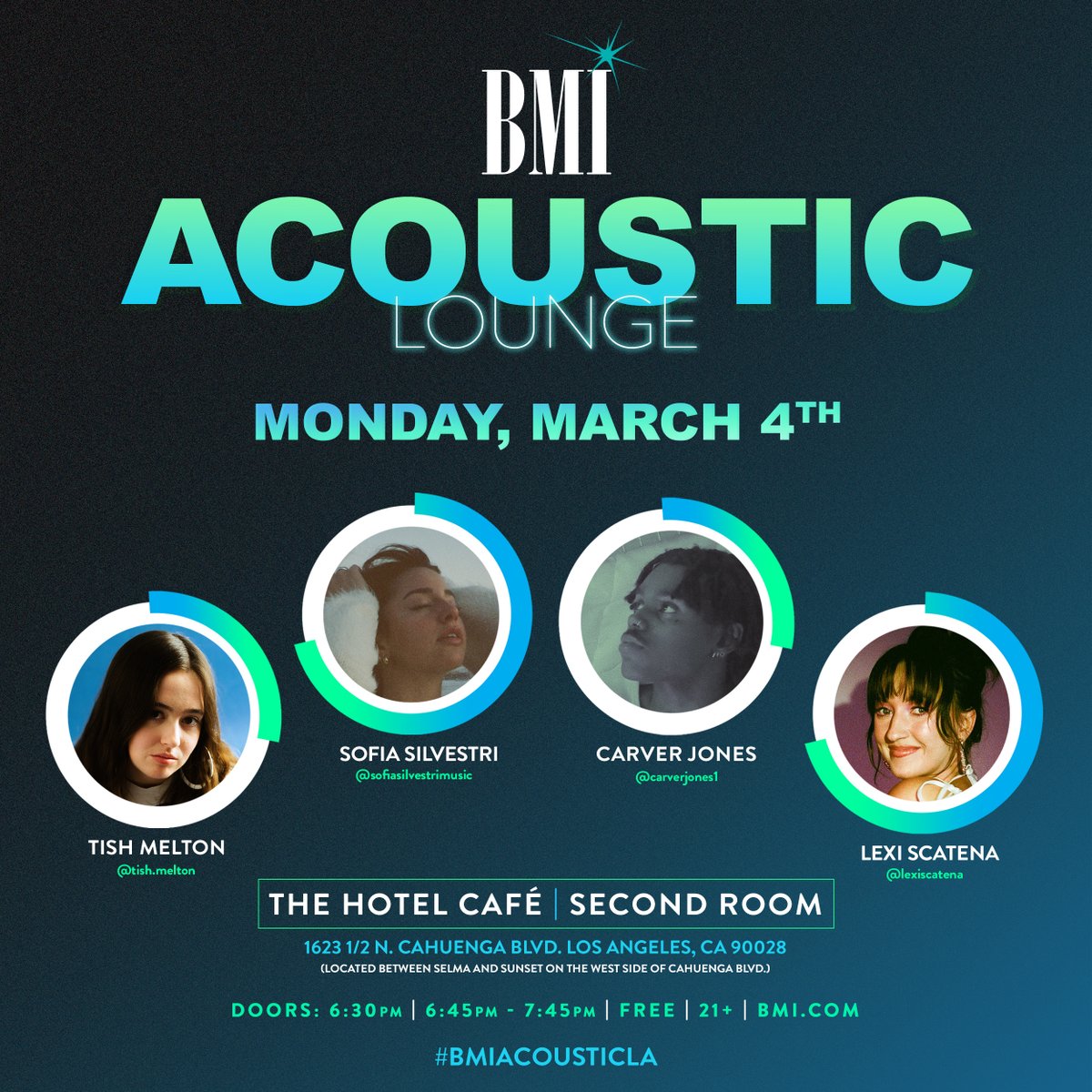 Broadcast Music Inc. (@bmi) on Twitter photo Catch us at <a href="/thehotelcafe/">Hotel Cafe</a> Monday, March 4th for this month's Acoustic Lounge with our #BMIFamily <a href="/tishmelton/">tishmelton</a>, #SofiaSilvestri, @CarverJones2 and <a href="/lexiscatena/">Lexi Scatena</a>! 🎶✨ #BMIAcousticLA Catch us at <a href="/thehotelcafe/">Hotel Cafe</a> Monday, March 4th for this month's Acoustic Lounge with our #BMIFamily <a href="/tishmelton/">tishmelton</a>, #SofiaSilvestri, @CarverJones2 and <a href="/lexiscatena/">Lexi Scatena</a>! 🎶✨ #BMIAcousticLA