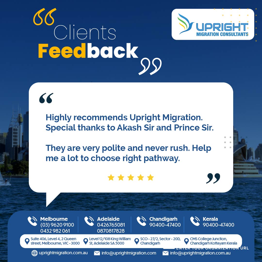 Client Testimonial. A very happy client on services provided for Visa. Reach us for your visa journey.
#uprightmigration #uprightmigrationconsultant #happycustomer #migrationagent #immigrationlawyer #australiavisa