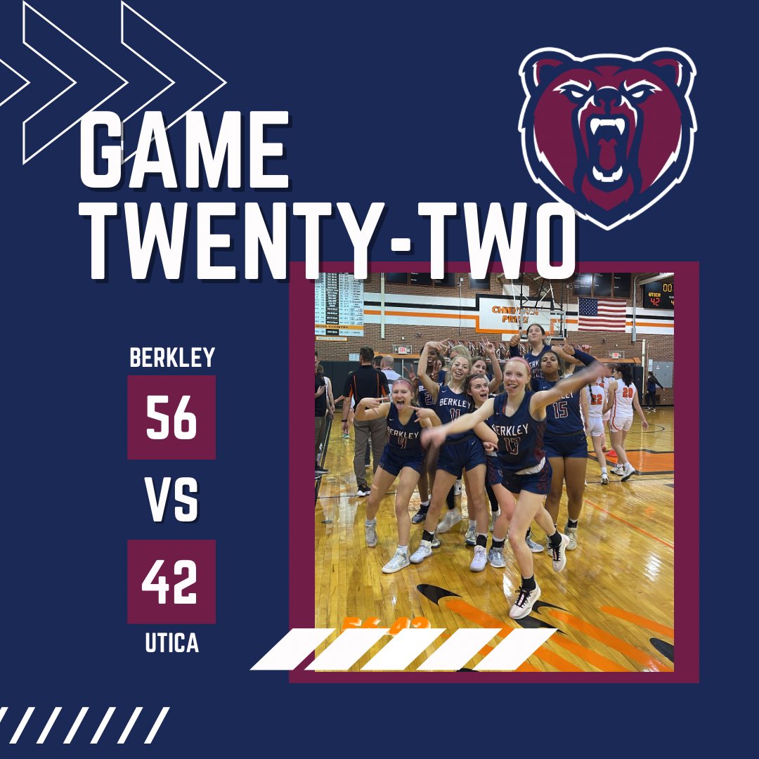 Berkley Girls Bball (@berkleygirlsbb) on Twitter photo πFINALπ
Berkley: 56
Utica: 42
<a href="/haileykirkwood_/">Hailey Kirkwood</a> 14
<a href="/maeve_nolan_/">Maeve</a> 11
<a href="/NadiaWatt29/">Nadia Watt</a> 10
Varsity finishes 17-5
On Deck: Districts
Great time to be a Berkley Bear!
ππ»π
<a href="/MIPrepZone/">MIPrepZone</a> <a href="/PGHMichigan/">Prep Girls Hoops Michigan</a> <a href="/MichHSBball/">Mich HS Bball</a> <a href="/FullCrtCoverage/">Matthew B. Mowery</a> <a href="/JaredPurcellDET/">Jared Purcell</a> <a href="/CandGSports/">CandGSports</a> <a href="/StateChampsW/">State Champs! W</a> πFINALπ
Berkley: 56
Utica: 42
<a href="/haileykirkwood_/">Hailey Kirkwood</a> 14
<a href="/maeve_nolan_/">Maeve</a> 11
<a href="/NadiaWatt29/">Nadia Watt</a> 10
Varsity finishes 17-5
On Deck: Districts
Great time to be a Berkley Bear!
ππ»π
<a href="/MIPrepZone/">MIPrepZone</a> <a href="/PGHMichigan/">Prep Girls Hoops Michigan</a> <a href="/MichHSBball/">Mich HS Bball</a> <a href="/FullCrtCoverage/">Matthew B. Mowery</a> <a href="/JaredPurcellDET/">Jared Purcell</a> <a href="/CandGSports/">CandGSports</a> <a href="/StateChampsW/">State Champs! W</a>