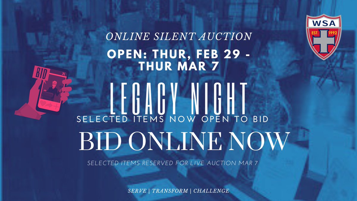 ONLINE SILENT AUCTION BIDDING IS OPEN FOR WSA'S LEGACY NIGHT. Online Auction open for one week, through THUR, MAR 7. BID NOW. REGISTER TO BID HERE (FREE): app.galabid.com/legacynight24/… VIEW ONLINE AUCTION ITEMS HERE: app.galabid.com/legacynight24/…