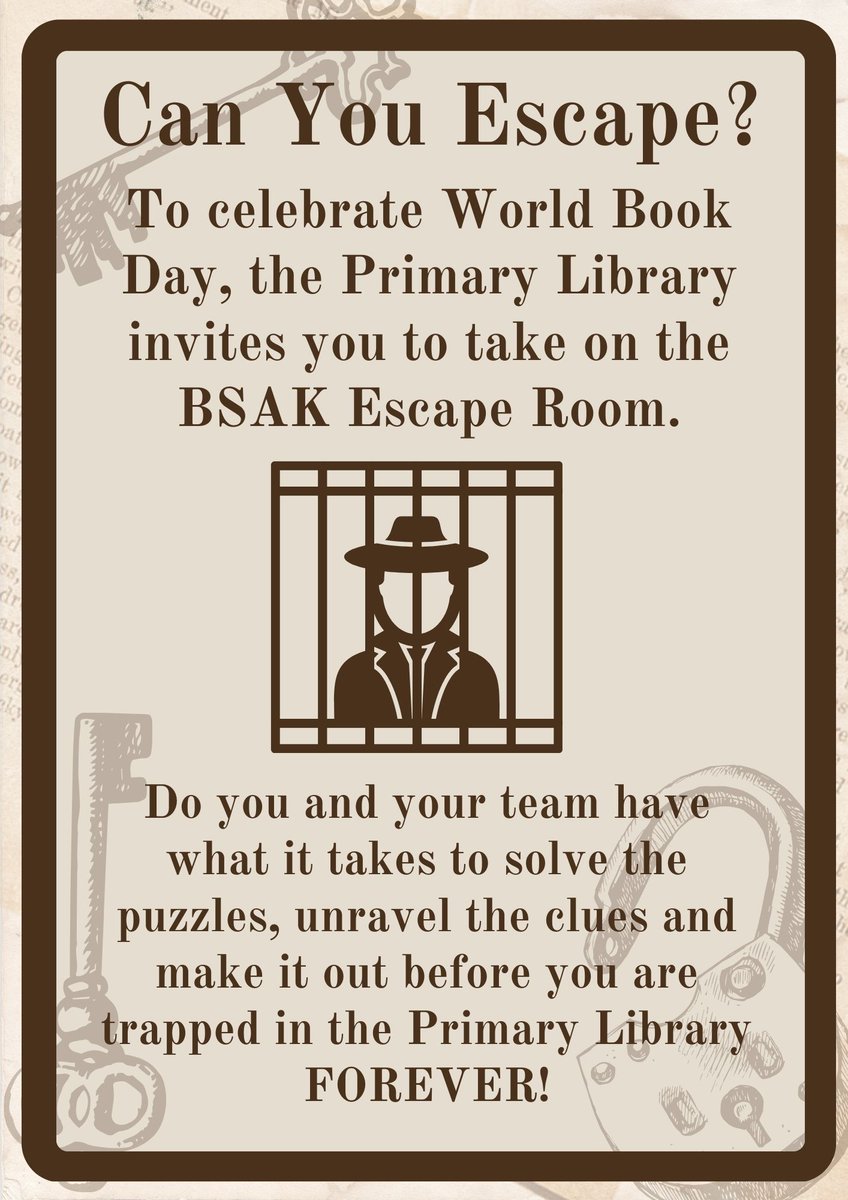 BsakPrimLibrary's tweet photo. Can you escape? As part of our World Book Day celebrations we have created a mysterious challenge in the #bsakprimlibrary. Do you and your team have what it takes to solve the puzzles and unravel the clues? We can't wait to find out! #worldbookday https://t.co/0XjOBP3hm2