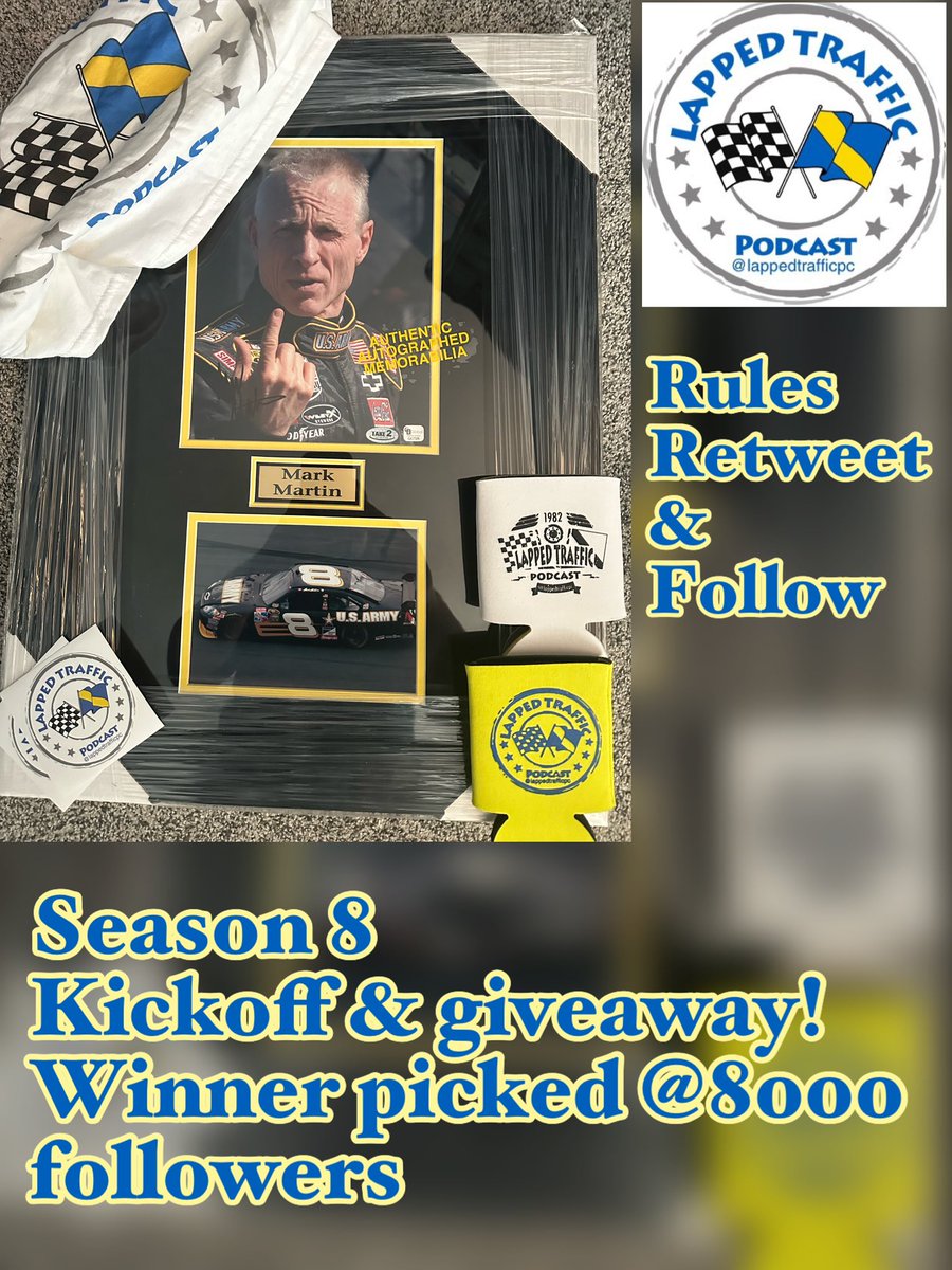 #Giveaway #GiveawayAlert Kicking off season 8 of @lappedtrafficpc with this #8 Mark Martin autographed & framed picture along with/ LTP swag! Rules- #Retweet & #Follow @lappedtrafficpc Winner chosen at 8,000 followers #NASCAR