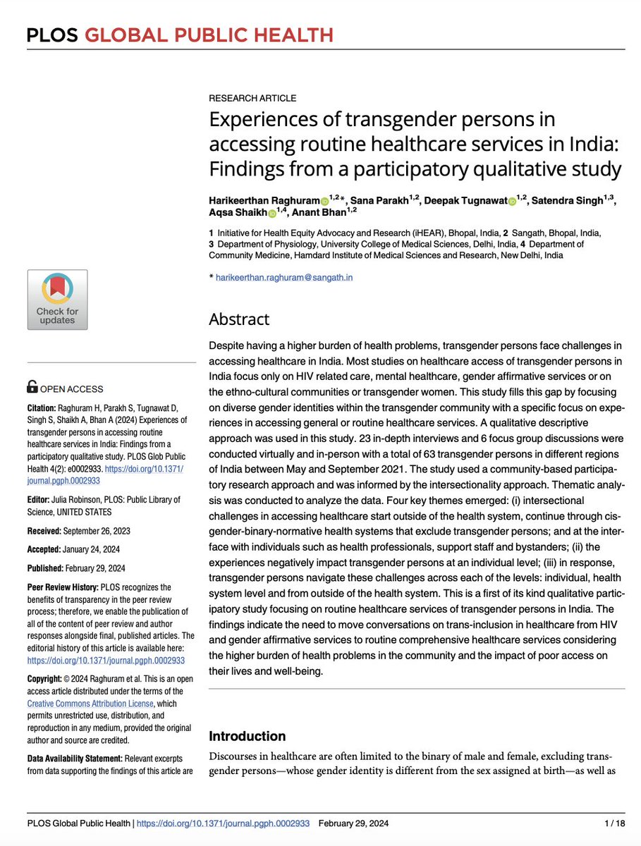 📢 #NewPublication in @PLOSGPH: Experiences of transgender persons in accessing routine healthcare services in India

Link: dx.plos.org/10.1371/journa…