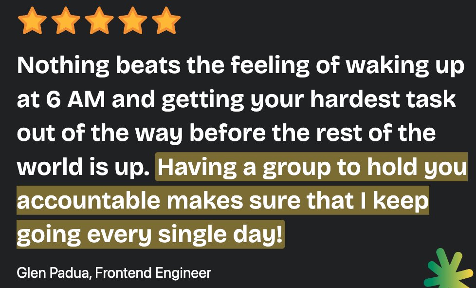 avi8787's tweet photo. Me, last month:
Struggling to find my morning groove.

Me, today: 
Productivity doubled, mornings mastered, surrounded by go-getters.

All thanks to the 6AM CLUB 🌄 https://t.co/rYASJNE2hG