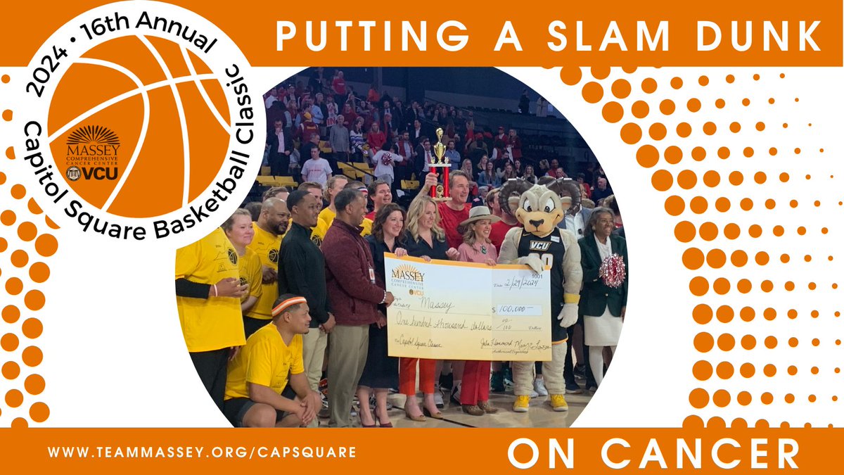VCUMassey's tweet photo. Live from the Siegel Center & 2024 Capitol Basketball Classic where teams for Governor Youngkin, Virginia Senate and House of Delegates, and Lobbyists are putting a slam dunk on cancer. The real winner is Massey with $100K+ raised for cancer research and innovation. #CapSquare https://t.co/HPq61dg1PJ
