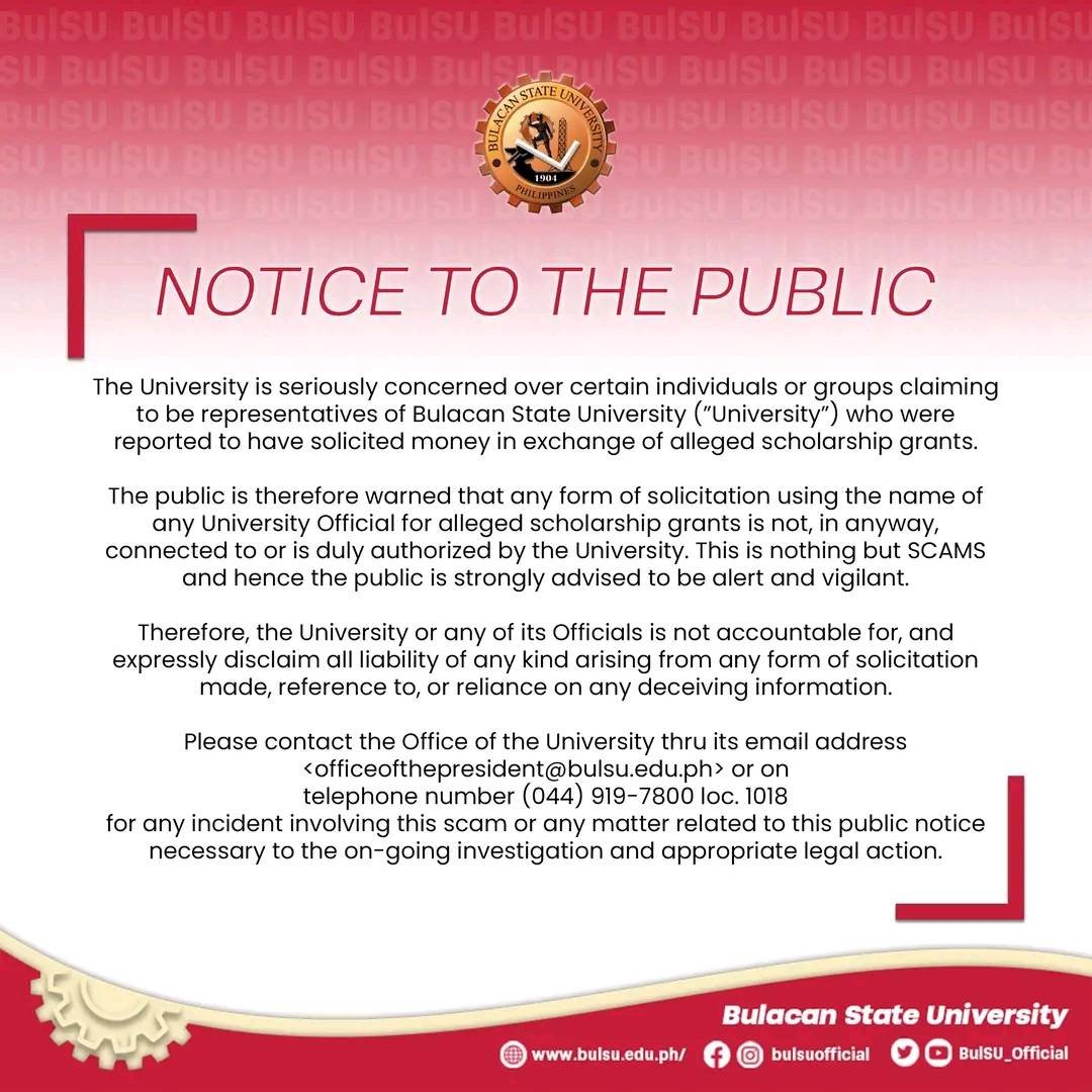 BulSU_Official's tweet photo. A gentle reminder to the BulSU community to be vigilant and not to fall on any illegal scheme using the name of our University. https://t.co/VgDuO9XlFT