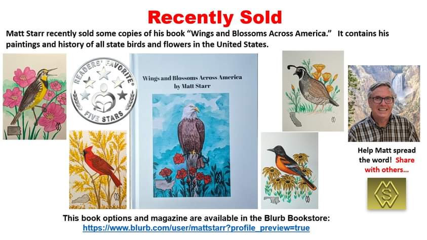 I have recently sold some copies of my book which includes my paintings of all the state birds and flowers of America.  Book options: blurb.com/user/mattstarr… 
#mattstarrfineart #artforsale #gift #giftideas #art #BlurbBooks #book #bookreview #booklover #bookworm  #bird #flowers