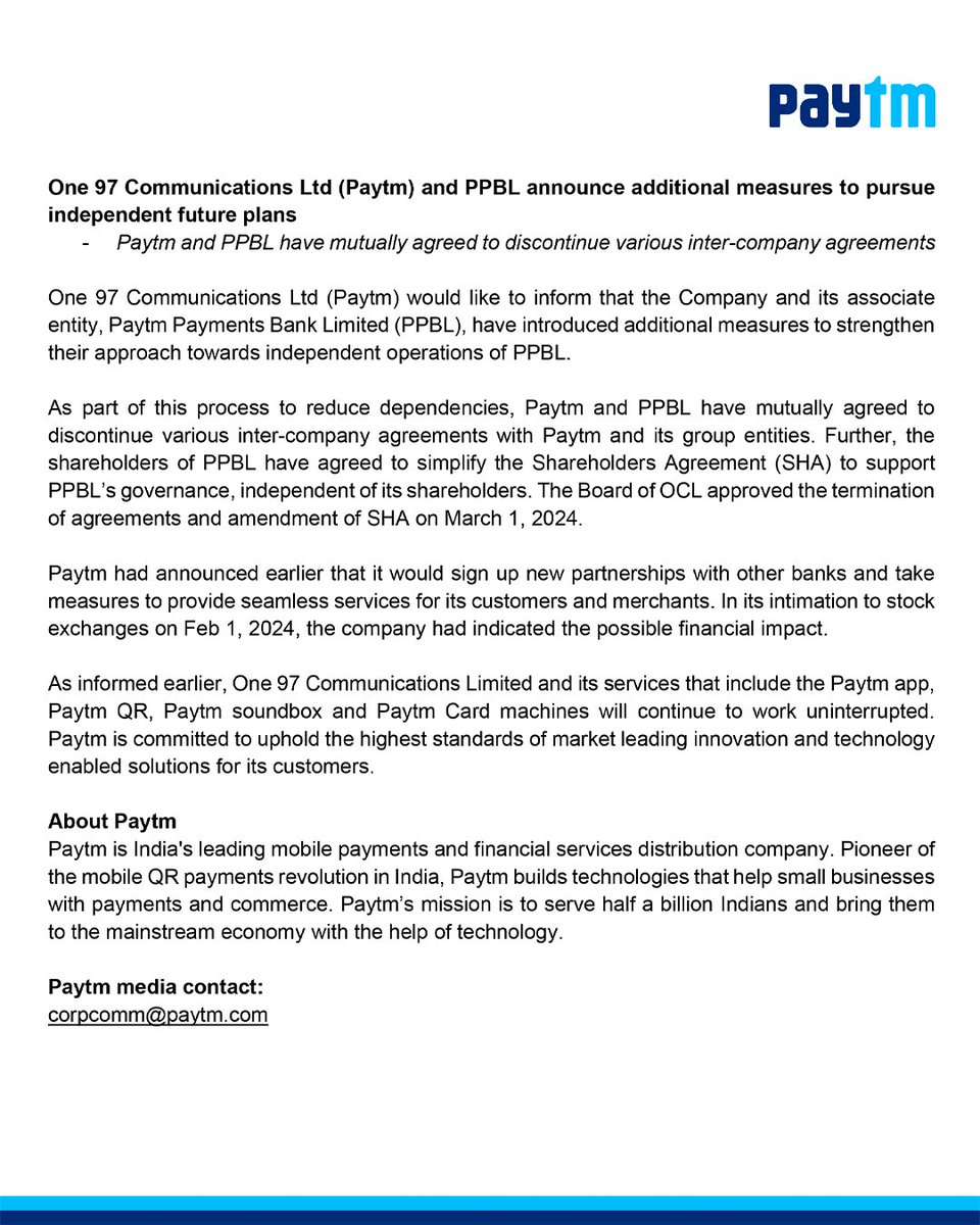 Paytm's tweet photo. Update: One 97 Communications Ltd (Paytm) and PPBL have mutually agreed to discontinue various inter-company agreements. 

Read here: https://t.co/GUShcijDu4 https://t.co/aV0En9O1aE
