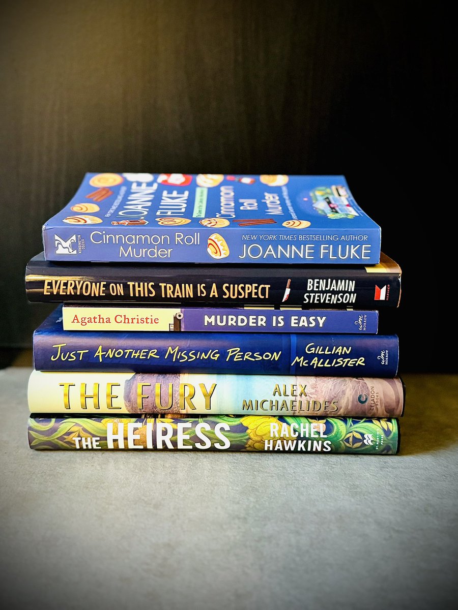 tscompton's tweet image. February’s reading pile includes novels from #joannefluke #benjaminstevenson #alexmichaelides #rachelhawkins #gillianmcallister and #agathachristie