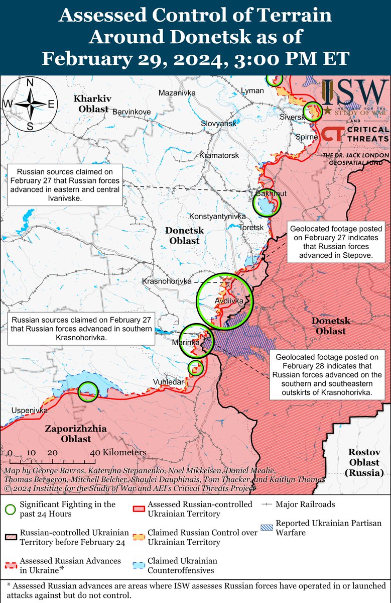 NEW: Ukrainian officials are reportedly concerned about the possibility of significant Russian territorial gains in summer 2024 in the event of continued delays in Western security assistance. 🧵(1/10)