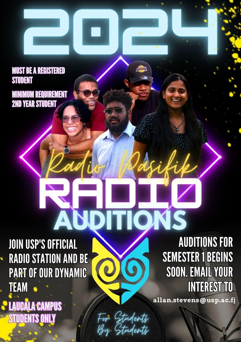 radiopasifik's tweet photo. Join USP's Official Radio Station and be part of our dynamic team. Auditions for Semester 1 begins soon. Email your interest to allan.stevens@usp.ac.fj
#usp #UniversityOfTheSouthPacific #radiopasifik #radio #media #volunteer #semesterone #auditions #fypシ゚ https://t.co/P3XTHBSuwm