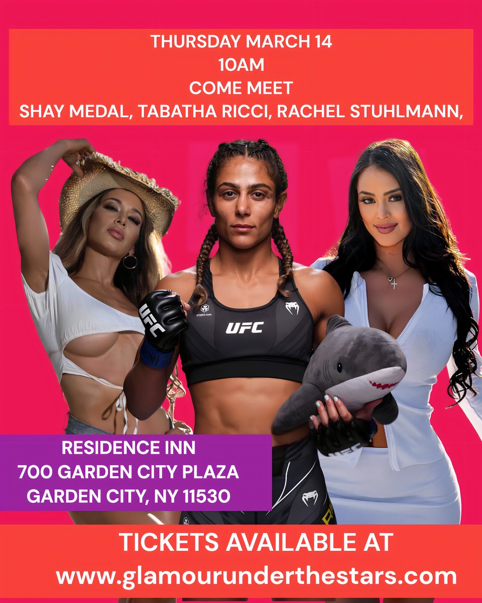 March 14 Residence Inn Garden City , NY come meet Shay Medal, @TabathaRicci and @rstuhlmann glamourunderthestars.com for tickets autographs , photo ops contact us about a luncheon with all 3 models after the signing. #mma #fitness #babyshark #tabatharicci #tennis