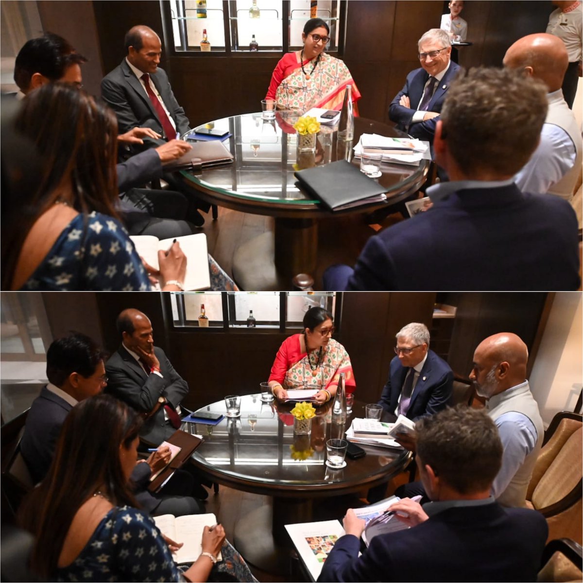Minister @smritiirani in an engaging discussion with Mr. @BillGates. Deliberations were held on creative strategies to maximize the impact of Poshan Abhiyaan, ensuring optimal nutrition for our children & realising PM @NarendraModi ji’s vision of a Suposhit Bharat.