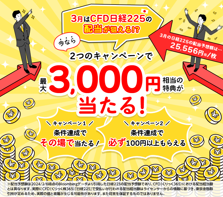 CFD日経225の配当狙うなら今がおすすめ🎉 24年3月の日経225配当予想額は25,556円/枚※ 詳細👉 s.sbisec.co.jp/smweb/pr/gaccn… ※詳細のご注意事項ご確認下さい 最大1,000円相当の景品がその場で当たる😊 応募方法 ①@sbi_derivativesをフォロー ②この投稿をリポスト ③以下から抽選gcp.giftee.biz/@x_sbi_derivat…