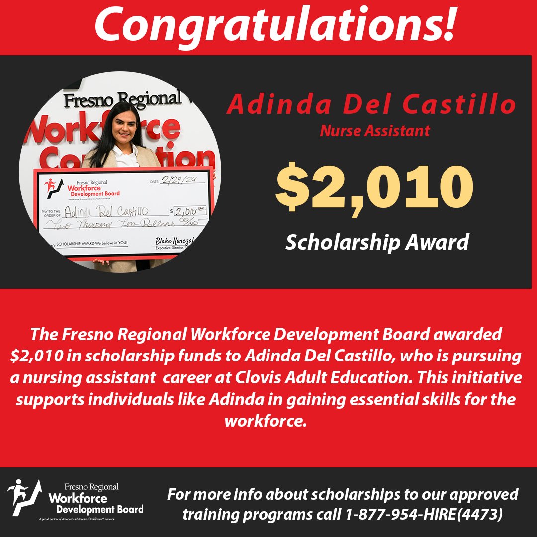 🎉 Congratulations to Adinda Del Castillo for receiving a $2,010 scholarship award from the Fresno Regional Workforce Development Board to pursue a nursing assistant career at Clovis Adult School! 🌟 👩‍⚕️💼 #CareerDevelopment #NursingAssistant #ClovisAdultSchool