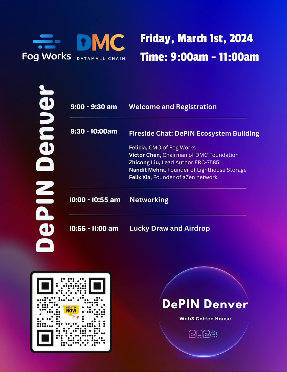 Fog Works, Inc. (@fogworksinc) on Twitter photo Come and listen to the fireside chat at #DePIN Denver, enjoy networking @azen_network <a href="/LighthouseWeb3/">Lighthouse</a> <a href="/datamallcoin/">DMC Foundation</a> Come and listen to the fireside chat at #DePIN Denver, enjoy networking @azen_network <a href="/LighthouseWeb3/">Lighthouse</a> <a href="/datamallcoin/">DMC Foundation</a>
