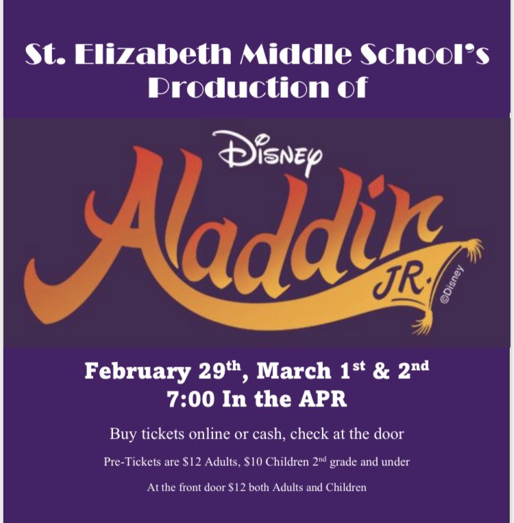 “Every moment is a magical carpet ride with you!” Don’t miss the St. E’s production of Aladdin. Ticket sales are open now so don’t delay! stelizabethschoolmd.org/2024-aladdin-t…