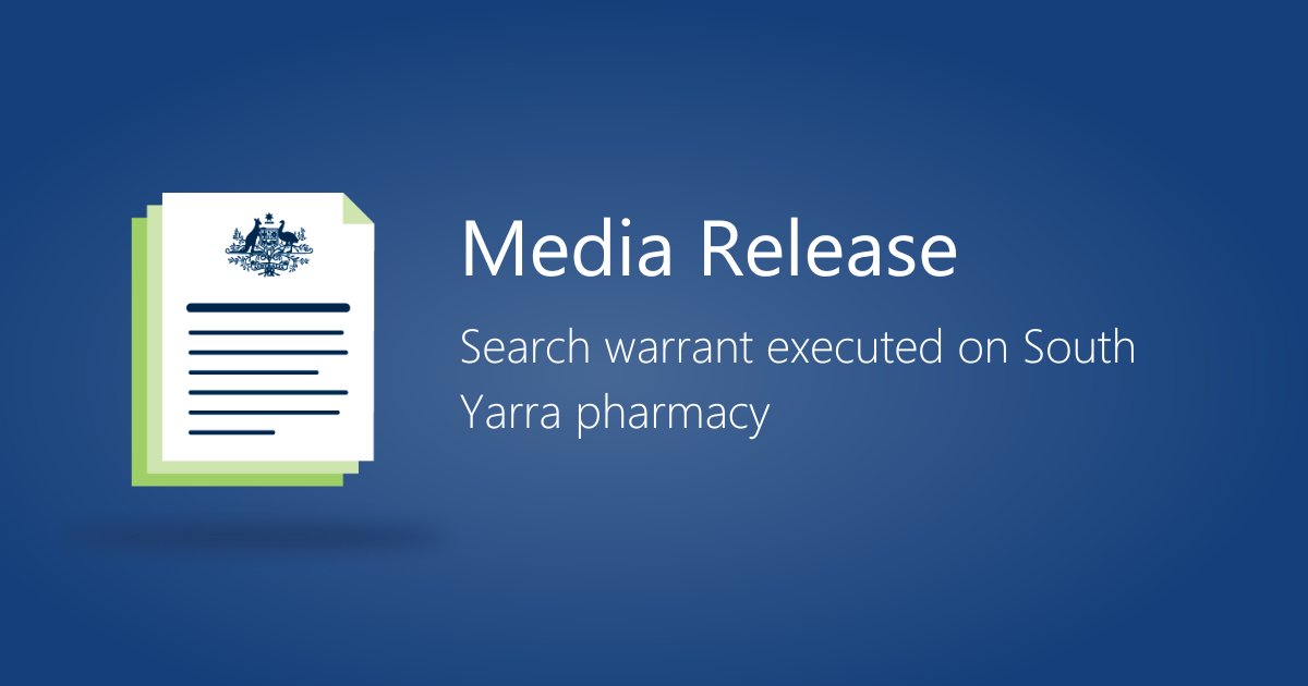 Therapeutic goods and records have been seized from a pharmacy in South Yarra, Melbourne, as part of an ongoing investigation into the alleged unlawful manufacture, supply and export of therapeutic goods including prescription only medication. Read more: tga.gov.au/news/media-rel…