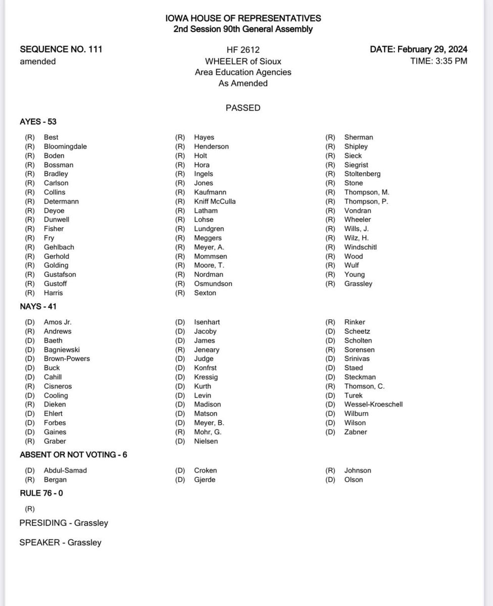 SarahforIowa's tweet photo. Today R House Members passed their version of the AEA bill, despite bi-partisan opposition. The votes: https://t.co/V8XTzOWy21