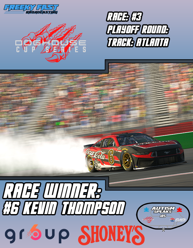FreekyFast's tweet photo. Had a bad start to the race but with the help of his teammates he dominated the second half. Kevin Thompson WINS the Autism Speaks 185 at Atlanta Motor Speedway in the @DoghouseRL!

#iRacing | #FreekyFast https://t.co/vmiTXIMszi
