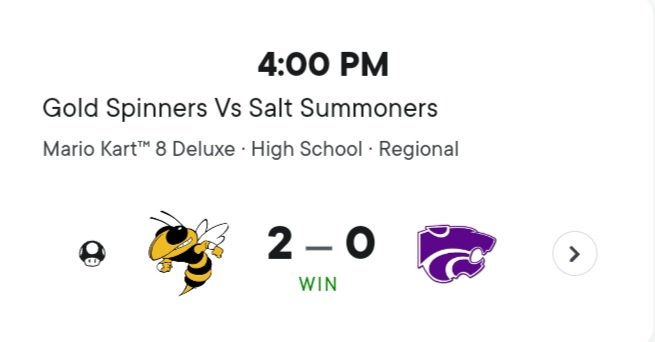 Yellowjacket MK8 picks up another win vs a solid ElDorado team! <a href="/ArkActAssn/">Arkansas Activities Association</a> <a href="/AStateEsports/">Arkansas State Esports</a> <a href="/EsportsRedskin/">Redskin Esports</a> <a href="/playvs/">PlayVS</a> <a href="/HendrixEsports/">Hendrix College Esports</a> <a href="/OhioStEsports/">Ohio State Esports</a> <a href="/JBUEsports/">John Brown University Esports</a> <a href="/UAMesports/">UAM Esports</a> <a href="/UACCM/">UACCM</a> <a href="/SAU_Esports/">St. Ambrose Esports</a> <a href="/EsportsGear/">GearRivals</a> <a href="/LyonCollegeGG/">LyonEsports</a> <a href="/MizzouEsports/">Mizzou Esports</a> <a href="/LogitechGesport/">Logitech G esports</a>